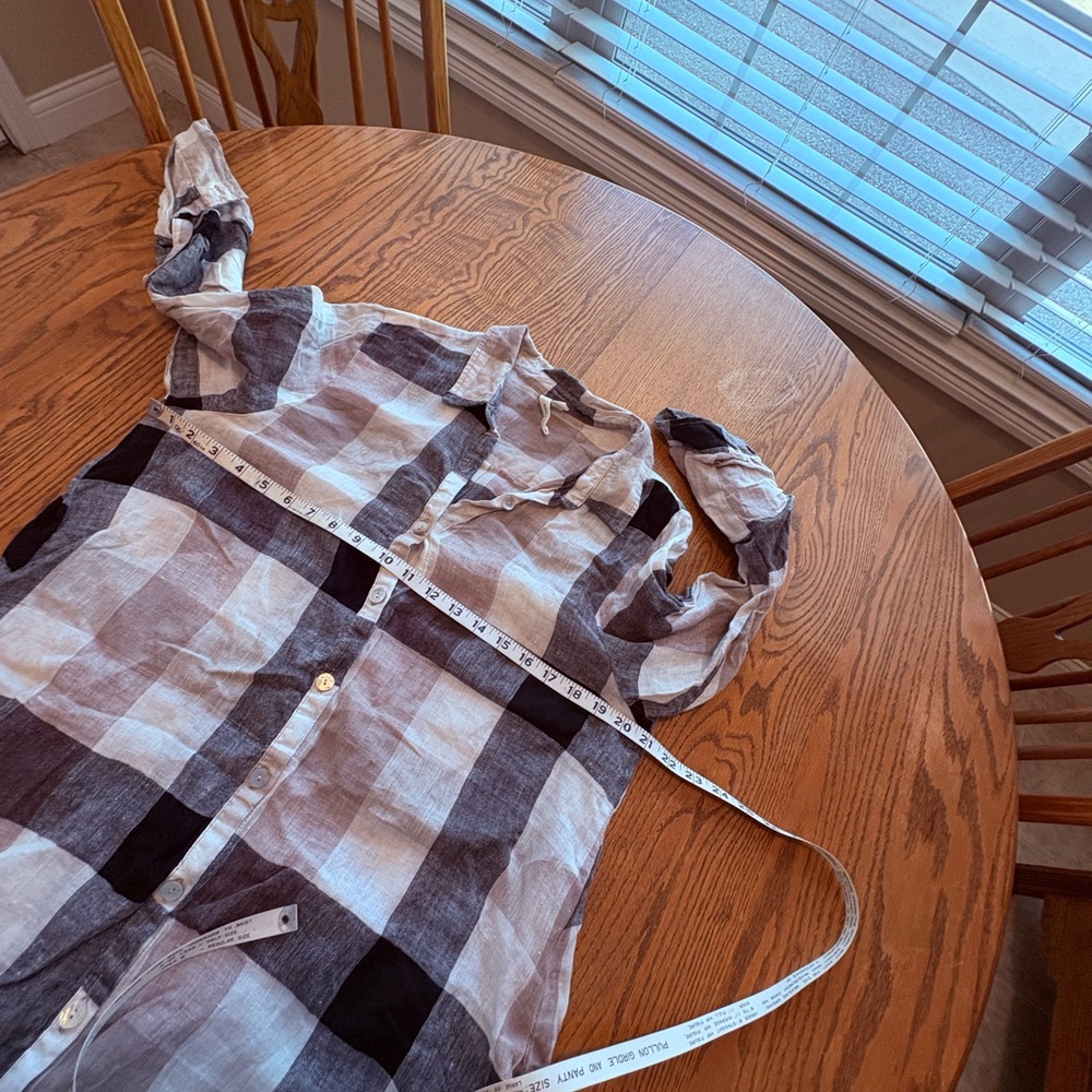 Match Point Linen Plaid Button Down Shirt Dress Tunic Size M Black Tan White - Picture 10 of 13